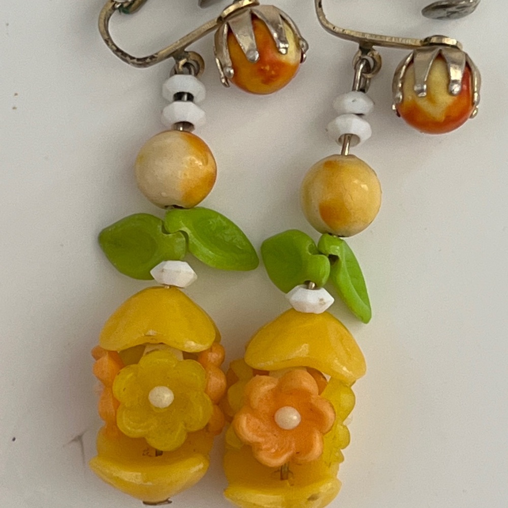 Vintage Plastic Celluloid Lucite Fruid Salad Clip On Earrings Hong Kong